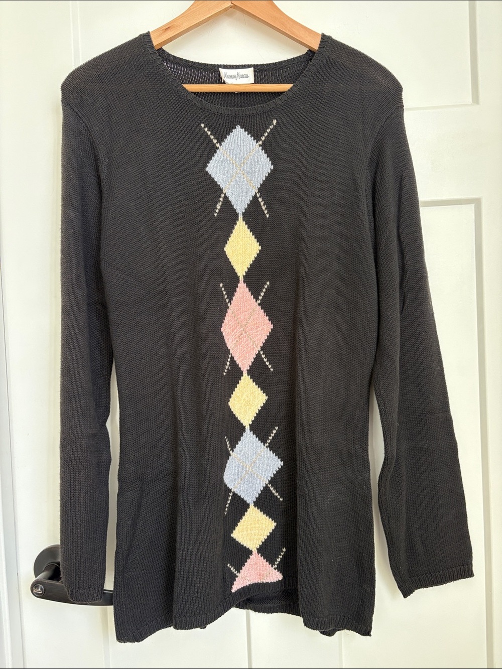 Vintage Neiman Marcus Black Argyle Crewneck Knit Sweater – Pastels – Size Medium